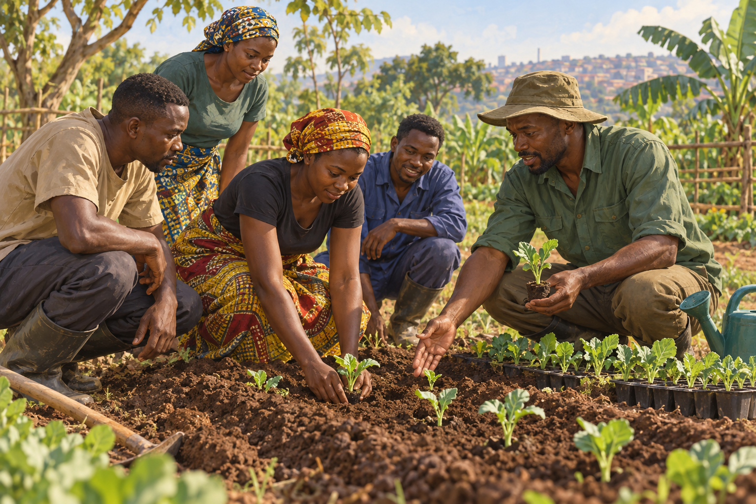 Illustration d’un groupe d’adultes apprenant à planter au potager.